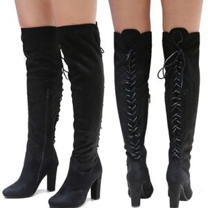 TOP Moda Black Suede Lace Up Knee Length Boots EUC